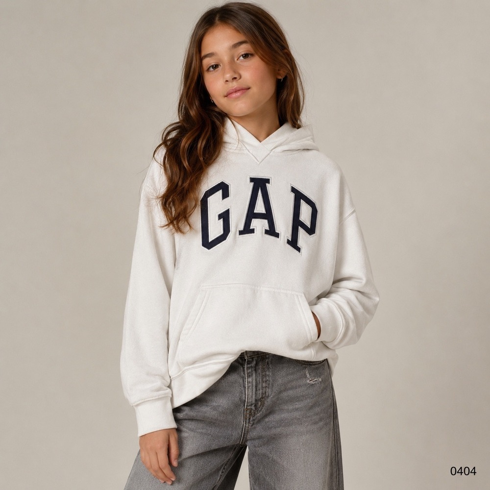 Gap Teen Girls Logo Hoodie Sweatshirt Cream Navy Blue Fleece Size 8 0404